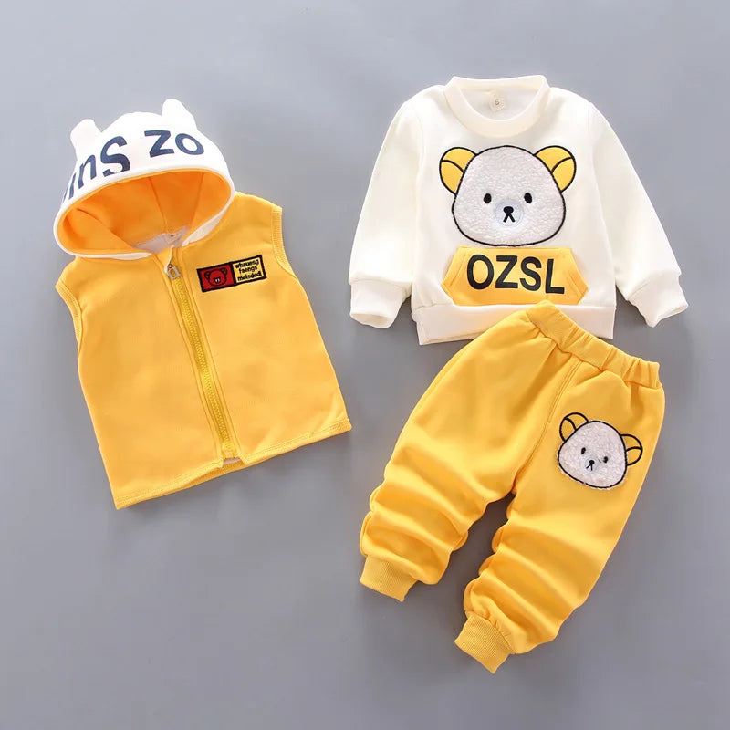 Automne Hiver Bébé Garçons Fille Vêtements Ensembles Épais Polaire Dessin Animé Ours Veste Gilet Pantalon 3Pcs Coton Sport Costume Tenues Chaudes