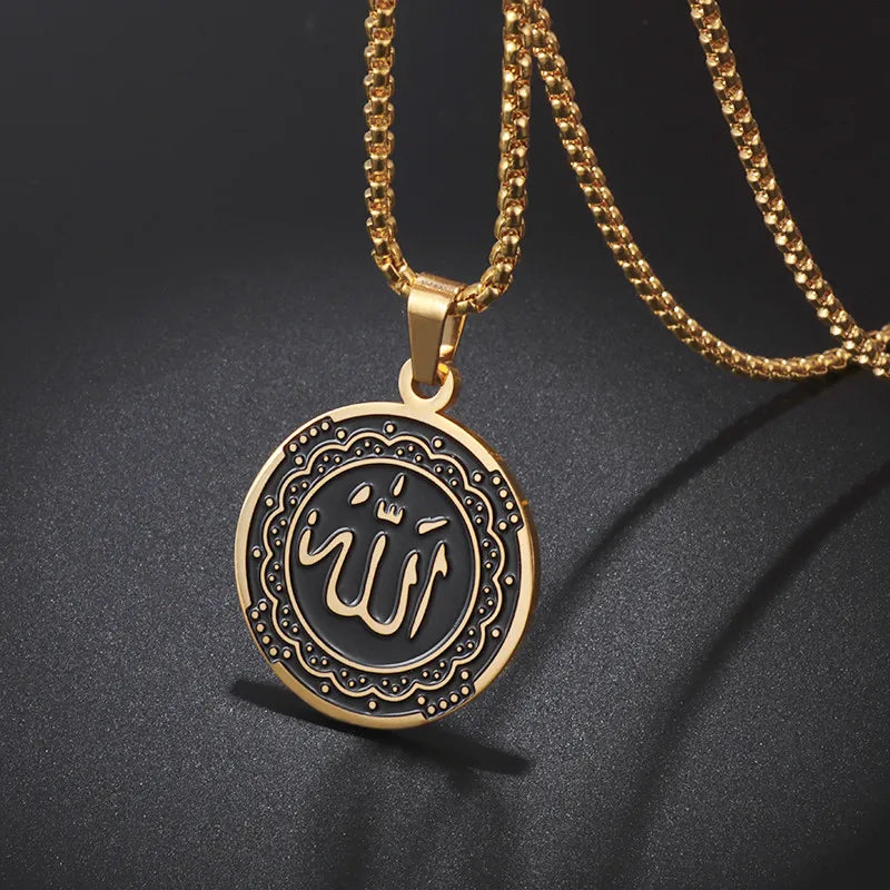 Pendentif de pièce de monnaie en acier inoxydable Collier d’Allah Symboles arabes musulmans islamiques Bijoux religieux Cadeaux pour hommes Femmes
