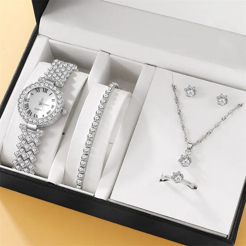 6pcs Ensemble de montres Ensemble de luxe Strass Femmes Mode Élégant Montre-bracelet Quartz Montre Pour Fille Dames Horloge Montre Femme
