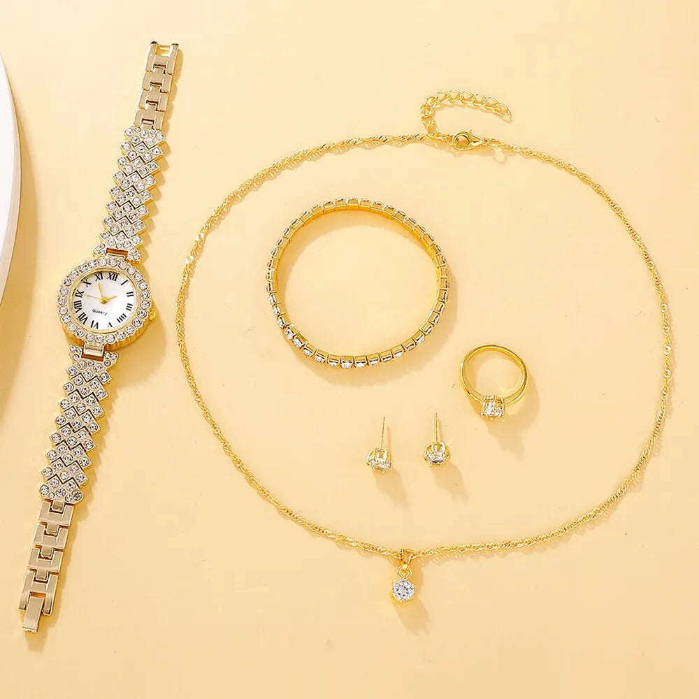 6pcs Ensemble de montres Ensemble de luxe Strass Femmes Mode Élégant Montre-bracelet Quartz Montre Pour Fille Dames Horloge Montre Femme