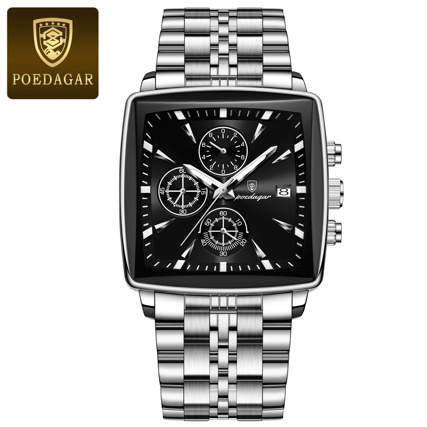 POEDAGAR Business Men Clock Waterproof Luminous Calendar Chronograph Square Man Watch Stainless Steel Quartz Men’s Watches Reloj