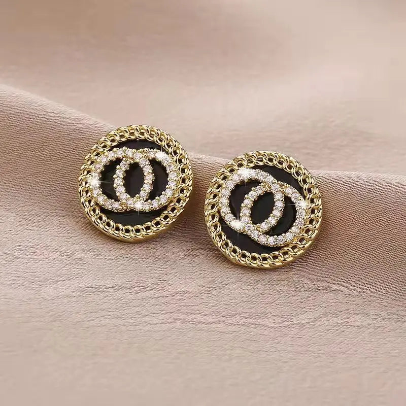 Boucle d'oreille en cristal émail noir à double cercles ronds pour femmes Style coréen Doux Bijoux simples Brincos Vente en gros Cadeau de fille
