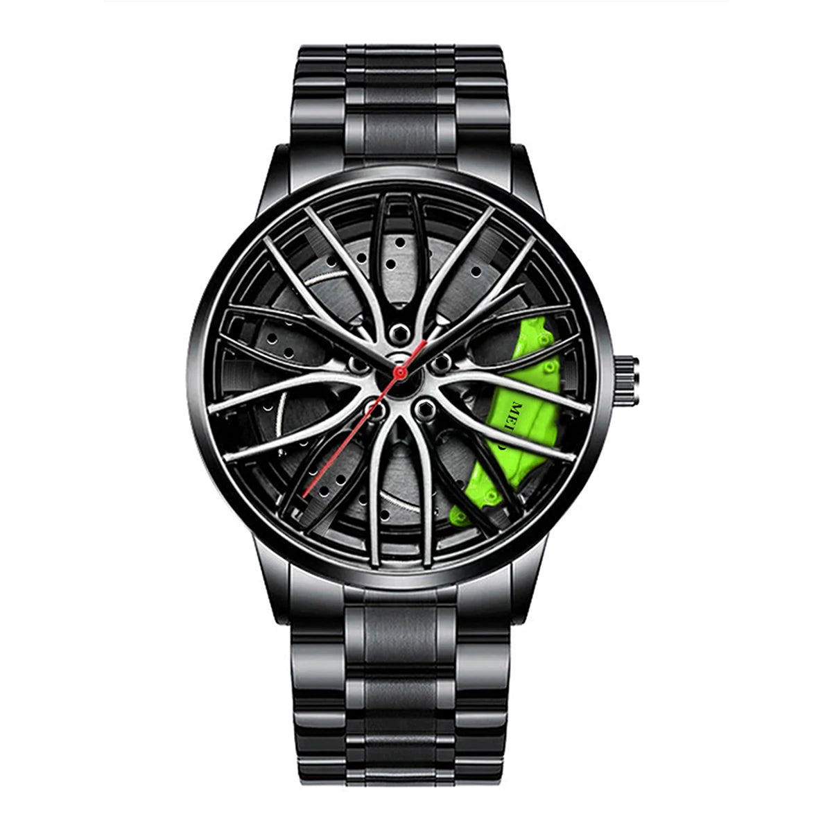 Montres de sport pour hommes de mode Roue de voiture 3d Bande de voiture en acier inoxydable Montre-bracelet Montre à quartz