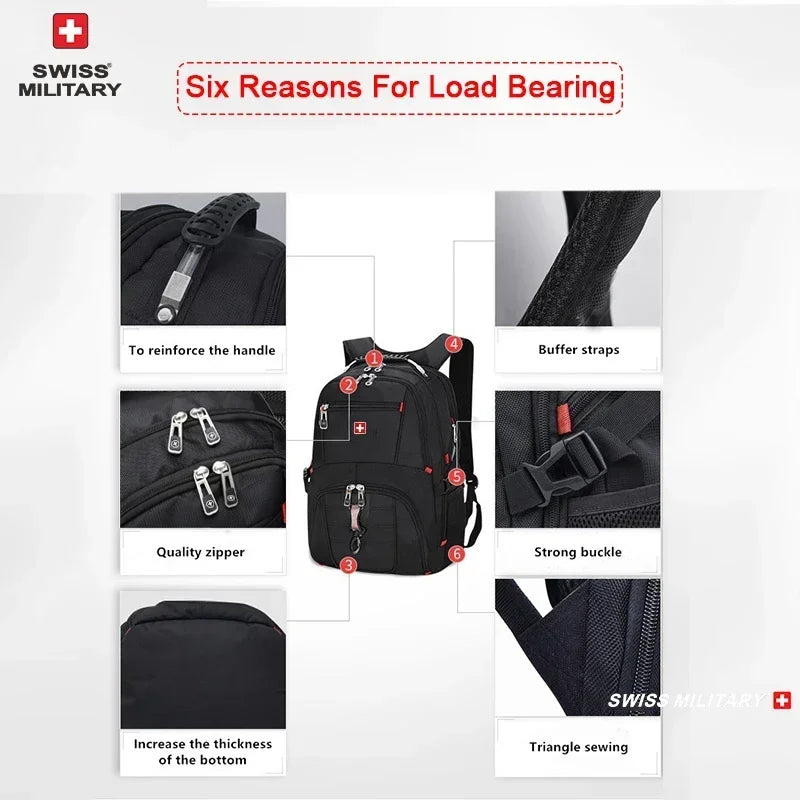SWISS 17 » Sac à dos pour ordinateur portable Port de charge USB étanche Sac à dos multifonctionnel de style suisse Sac d’école Mochila Sac de voyage de randonnée