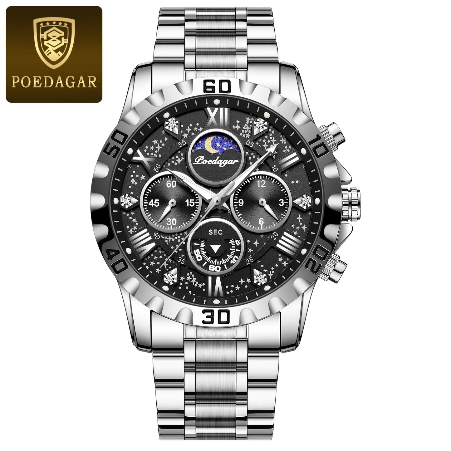 POEDAGAR Montre de luxe pour homme Quartz Sports étanche Lumineux en acier inoxydable Chronographe Hommes Montres Horloge Reloj Reloj