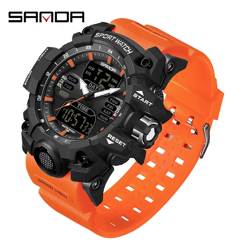 SANDA Luxury G Style Montre électronique pour hommes Sports de plein air LED Analogique Numérique Chronographe Militaire Double Affichage 50M Étanche