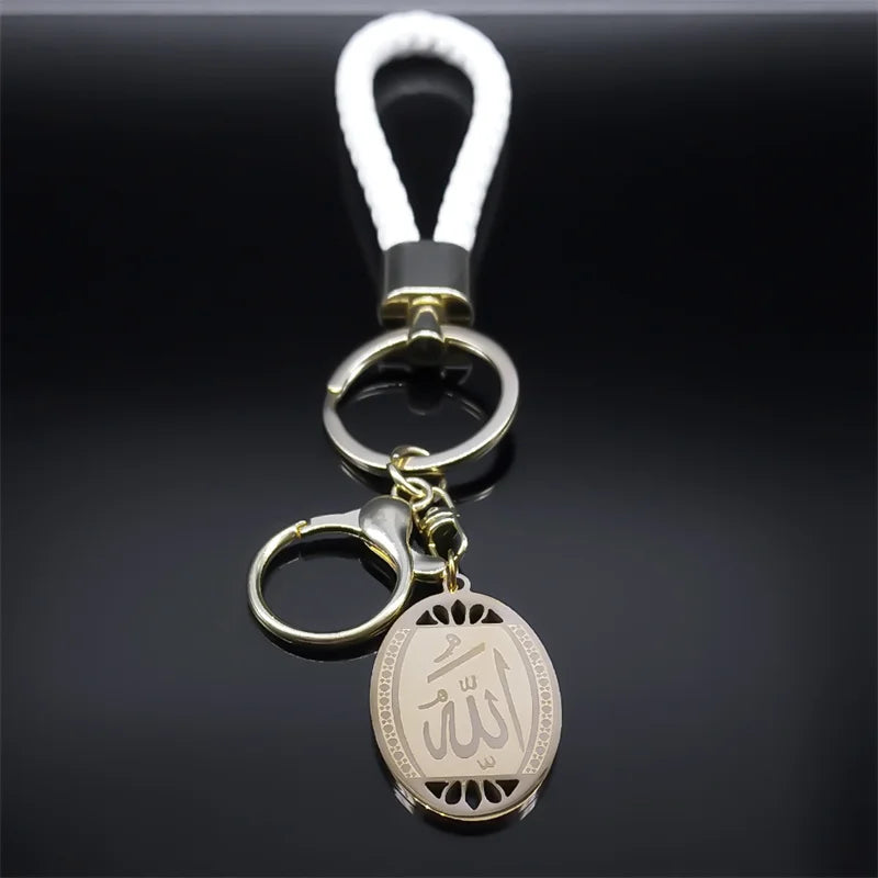 Islamique Arab Allah Pendentif en acier inoxydable Porte-clés pour femmes Hommes Couleur or PU Cuir Musulman Arabe Porte-clés Bijoux Llaveros