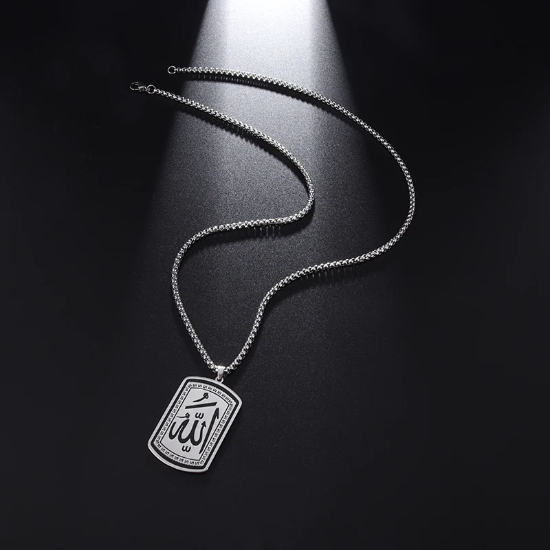 Collier islamique en acier inoxydable pour hommes Mode exquise Allah Tag Pendentif rectangulaire Collier Amulette Cadeau musulman