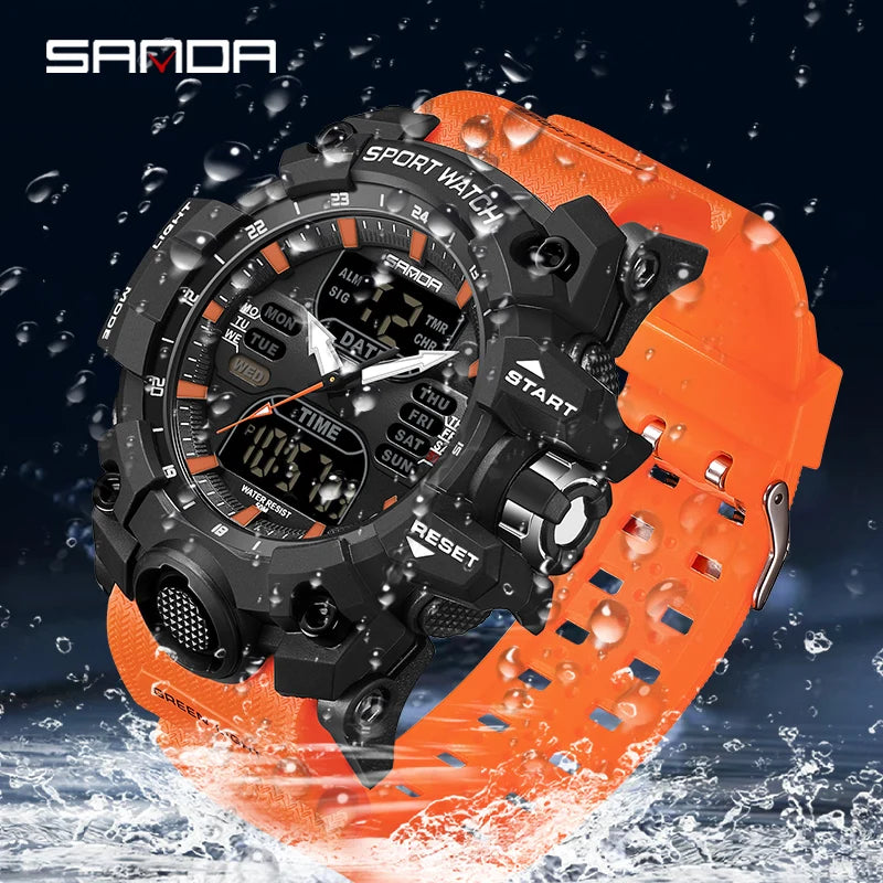 SANDA Luxury G Style Montre électronique pour hommes Sports de plein air LED Analogique Numérique Chronographe Militaire Double Affichage 50M Étanche