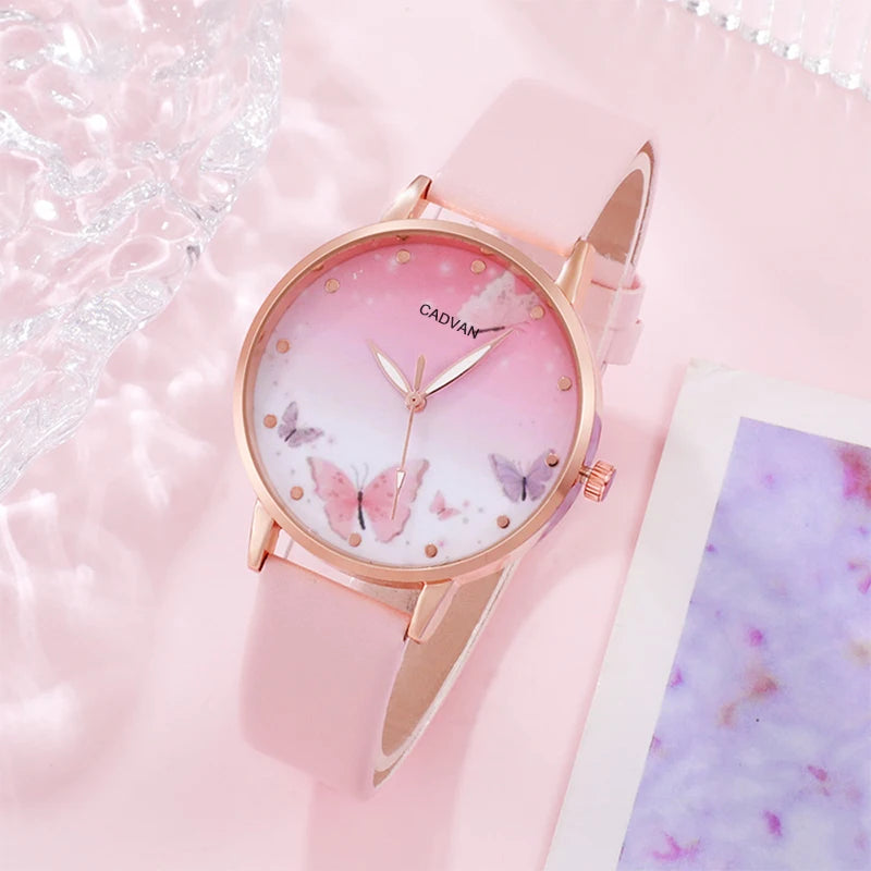 6PCS Set Femmes Mode Quartz Montre Femme Horloge Rose Papillon Cadran Luxe Marque Design Dames Cuir Montre-Bracelet Montre Femme