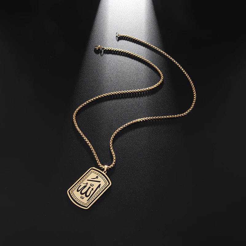Collier islamique en acier inoxydable pour hommes Mode exquise Allah Tag Pendentif rectangulaire Collier Amulette Cadeau musulman