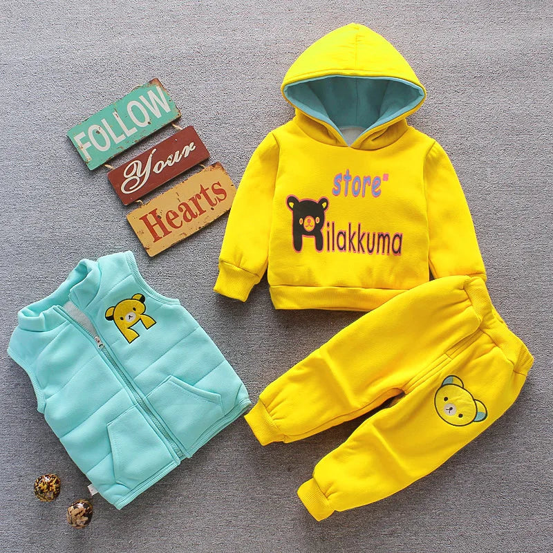 Automne Hiver Bébé Garçons Fille Vêtements Ensembles Épais Polaire Dessin Animé Ours Veste Gilet Pantalon 3Pcs Coton Sport Costume Tenues Chaudes