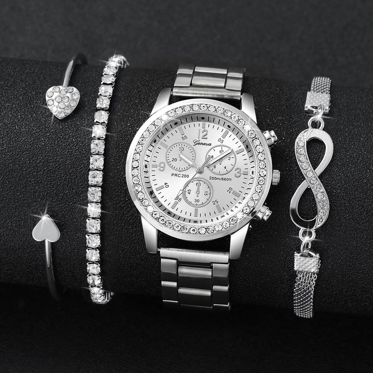 Montre à quartz en acier inoxydable de couleur argent pour femmes et ensemble de bijoux en perles d’argent