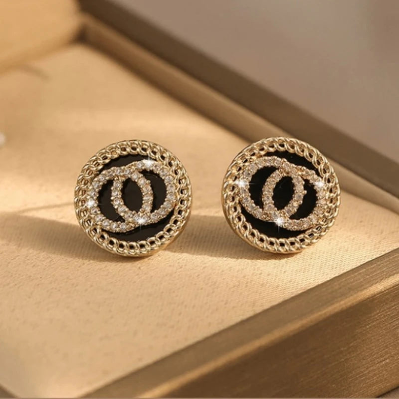 Boucle d'oreille en cristal émail noir à double cercles ronds pour femmes Style coréen Doux Bijoux simples Brincos Vente en gros Cadeau de fille