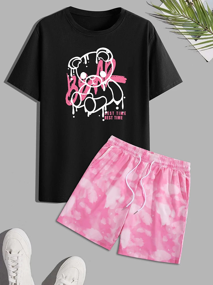 Été Quotidien Casual Hommes à manches courtes Sports de plein air Pantalon de plage pour hommes Mode Bear Print T-shirt et short pour hommes 2pcs Set