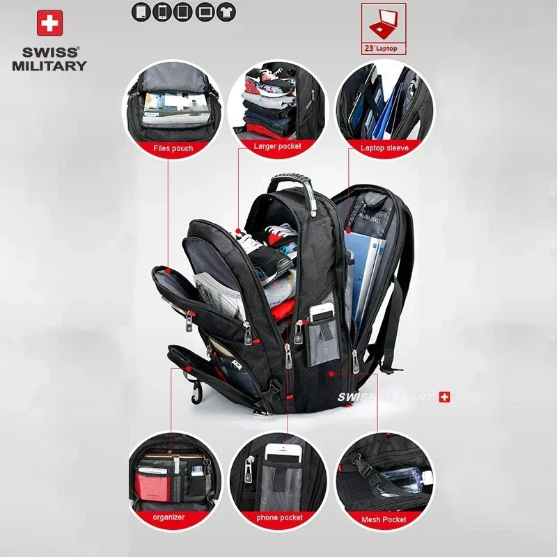 SWISS 17 » Sac à dos pour ordinateur portable Port de charge USB étanche Sac à dos multifonctionnel de style suisse Sac d’école Mochila Sac de voyage de randonnée