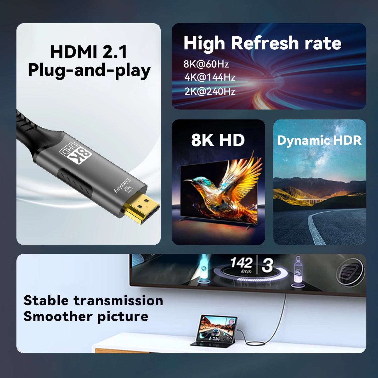 Câble USB C vers HDMI 8K@60Hz 4K@120Hz Câble HDTV de type C vers HDMI pour convertisseur de télévision MacBook Air iPad Adaptateur HDMI USB-C