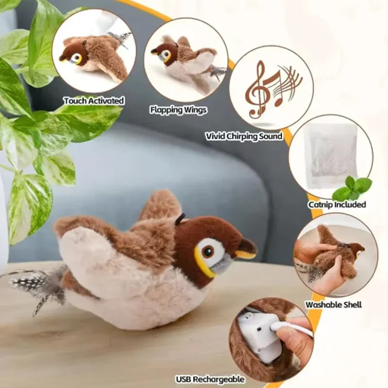 Jouets interactifs pour chats Jouets interactifs pour chien Rechargeable Gazouillant Oiseau battant (pas de vol) Jouet pour chat en peluche activé par le toucher