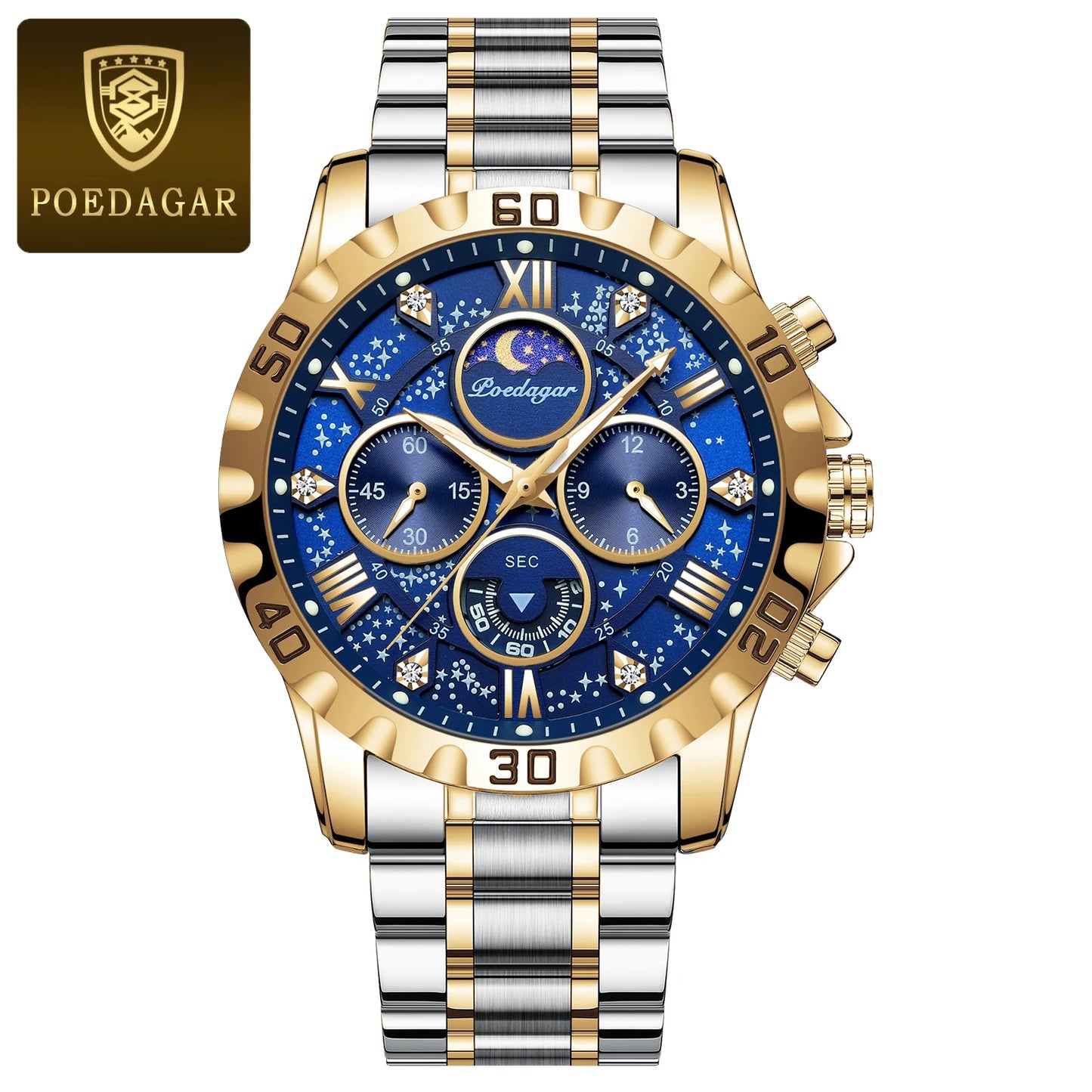 POEDAGAR Montre de luxe pour homme Quartz Sports étanche Lumineux en acier inoxydable Chronographe Hommes Montres Horloge Reloj Reloj