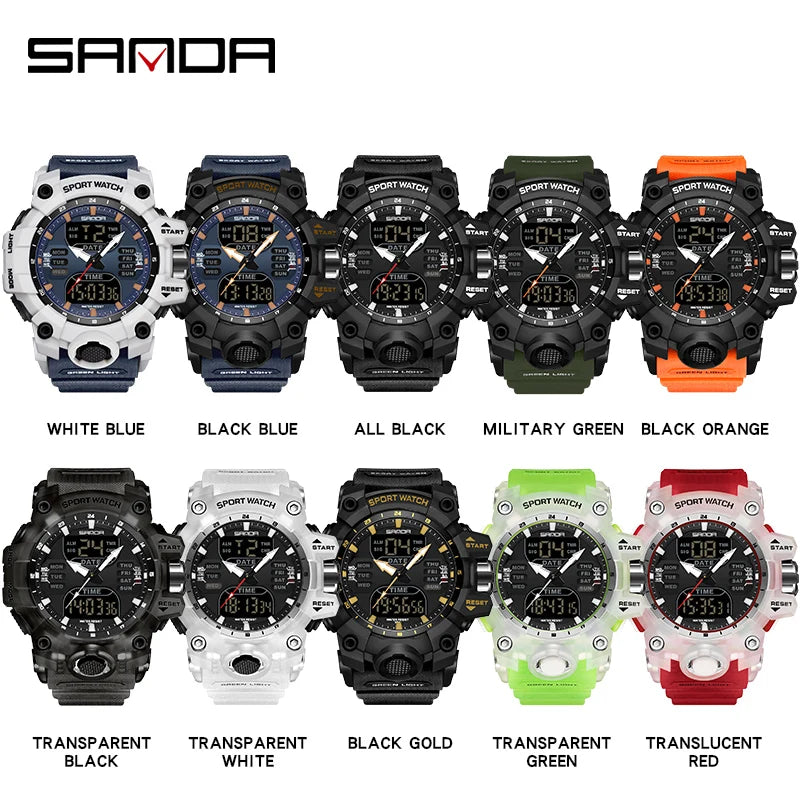 SANDA Luxury G Style Montre électronique pour hommes Sports de plein air LED Analogique Numérique Chronographe Militaire Double Affichage 50M Étanche