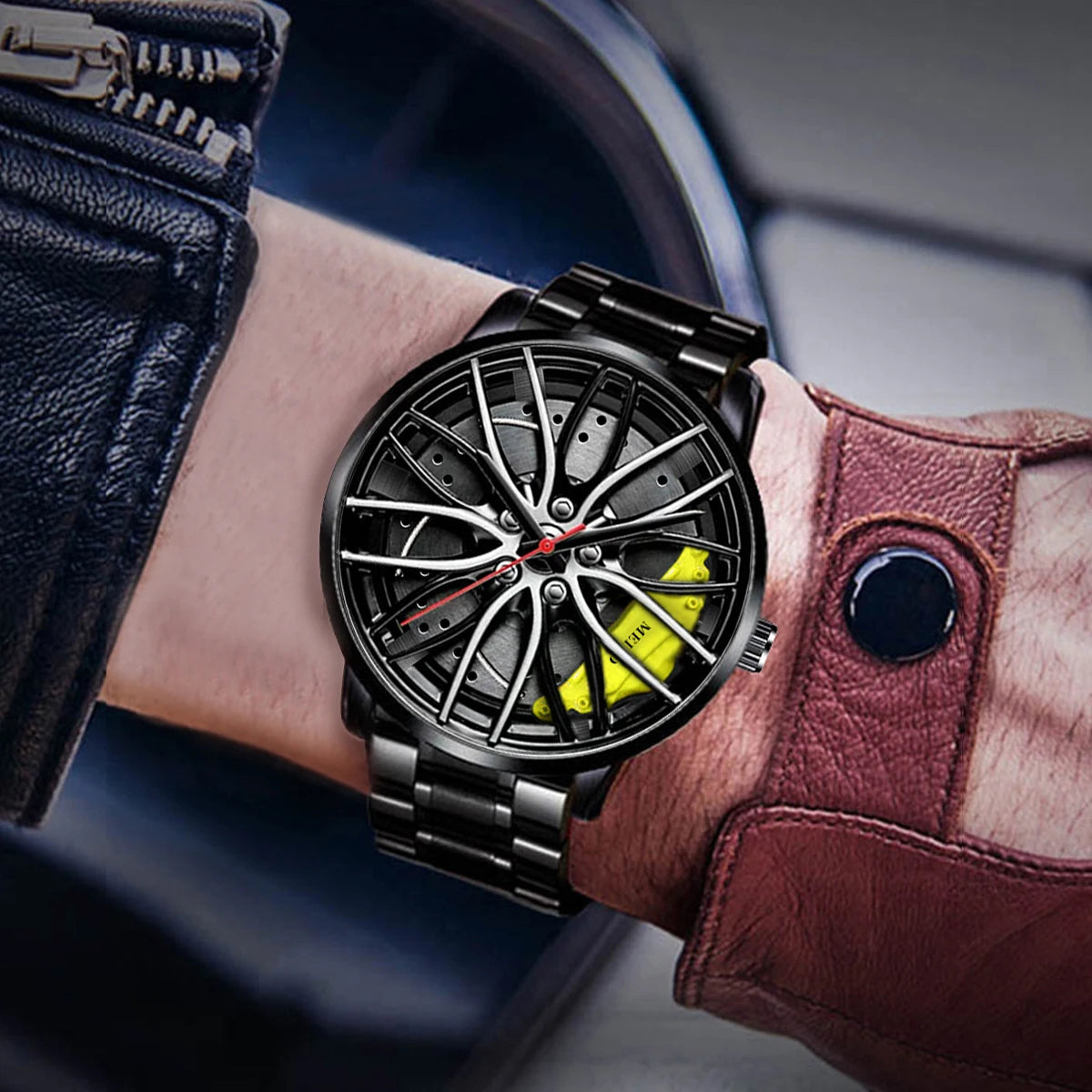 Montres de sport pour hommes de mode Roue de voiture 3d Bande de voiture en acier inoxydable Montre-bracelet Montre à quartz