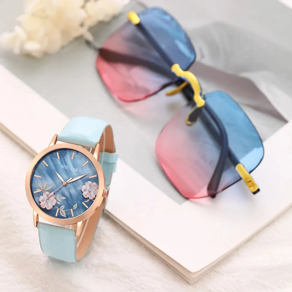 Montre de mode pour femmes Bracelet décontracté Montres Lunettes Ensemble dames Cadran simple Quartz