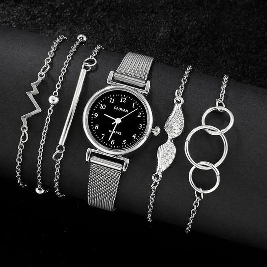 6PCS Ensemble Femmes Montres Mode Dames Quartz Montre Bracelet Ensemble Argenté Mesh Luxe Femmes Montres Robe Horloge Montre Femme