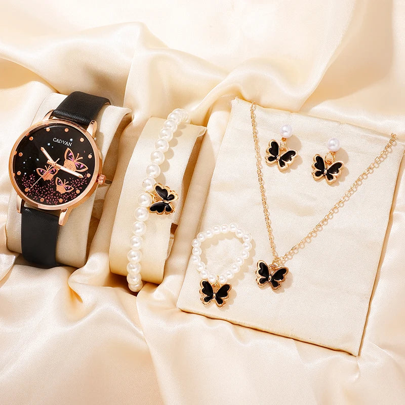 6PCS Set Femmes Mode Quartz Montre Femme Horloge Rose Papillon Cadran Luxe Marque Design Dames Cuir Montre-Bracelet Montre Femme