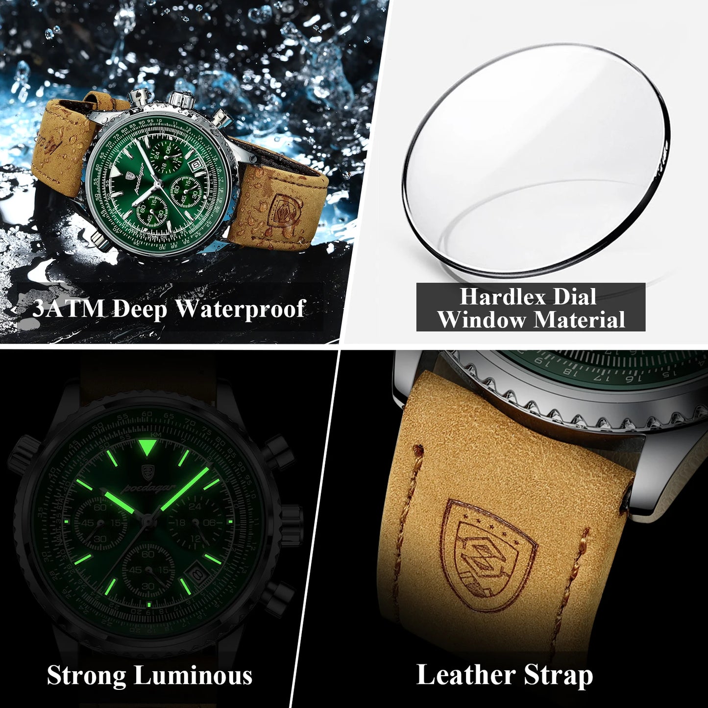 POEDAGAR Montre de luxe pour homme Quartz Étanche Lumineux Date Chronographe Cuir Hommes Montre-Bracelet Militaire Sports Hommes Montres Reloj