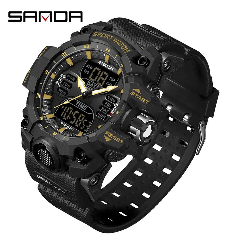SANDA Luxury G Style Montre électronique pour hommes Sports de plein air LED Analogique Numérique Chronographe Militaire Double Affichage 50M Étanche