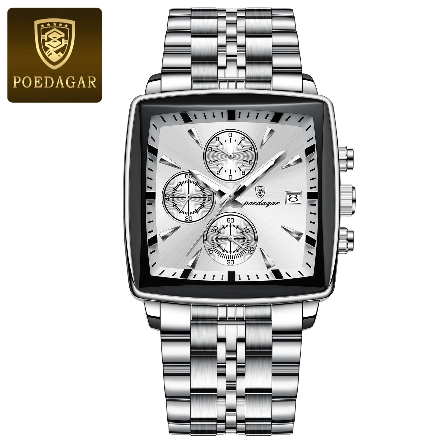 POEDAGAR Business Men Clock Waterproof Luminous Calendar Chronograph Square Man Watch Stainless Steel Quartz Men’s Watches Reloj