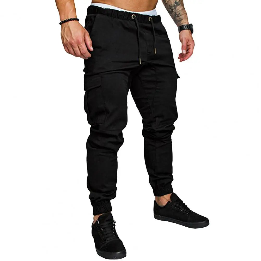 Pantalon en coton pour hommes Pantalon cargo à bande de cheville pour hommes avec cordon de serrage à la taille Poches multiples pour l’entraînement en salle de sport en plein air pour le confort