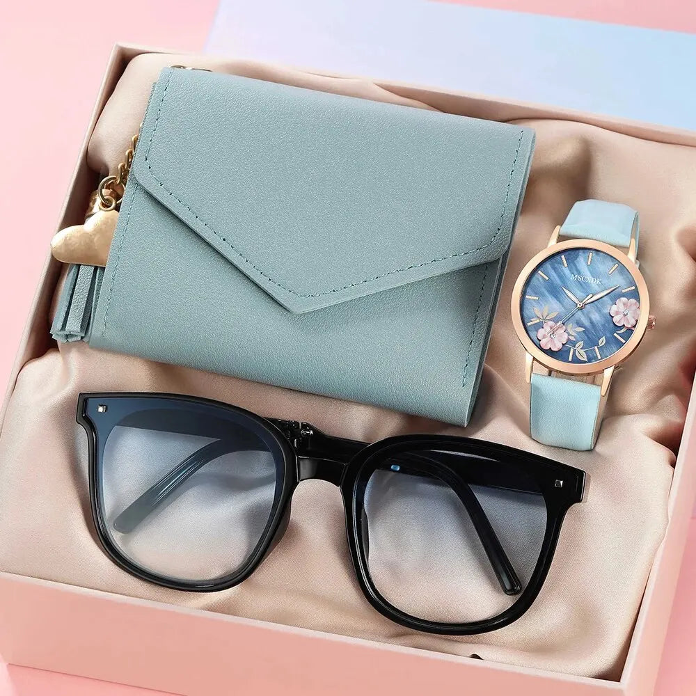 Femmes Mode Ceinture en cuir Montres & Papillon Portefeuille Lunettes Lunettes de soleil Ensemble Ladies Quartz Wristwatches Dress Clock Montre Femme