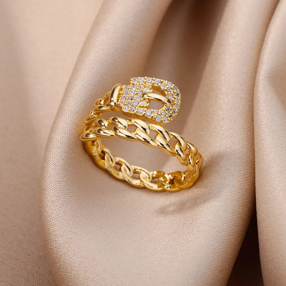 Zircon Double Layer Open Rings For Women Gold Color Adjustable Stainless Steel Ring Wedding Aesthetic Jewelry Gift Bijoux Femme