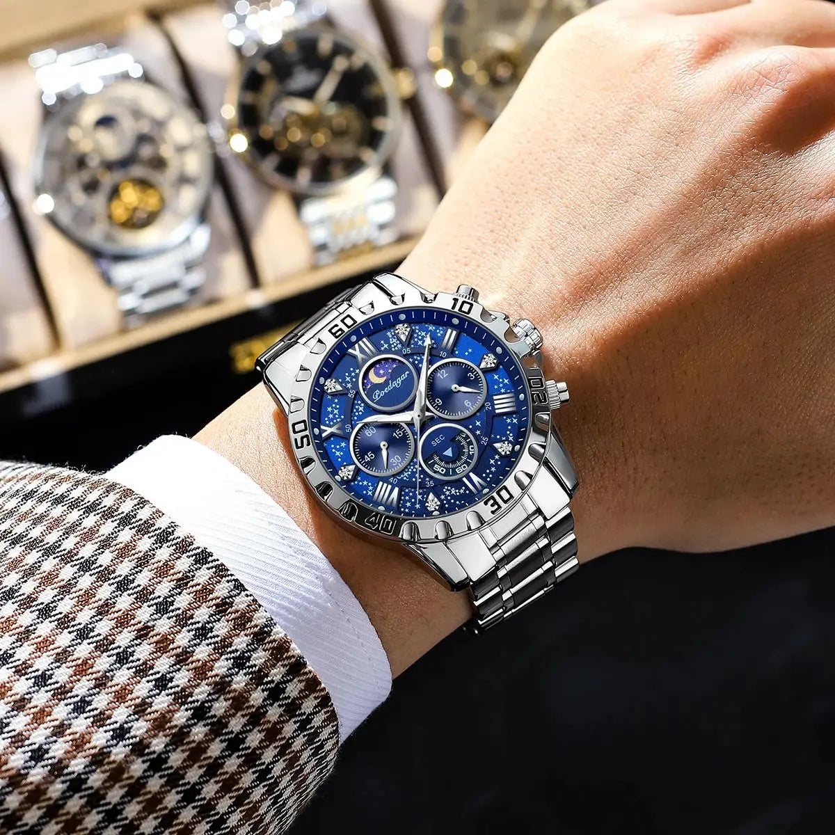 POEDAGAR Montre de luxe pour homme Quartz Sports étanche Lumineux en acier inoxydable Chronographe Hommes Montres Horloge Reloj Reloj