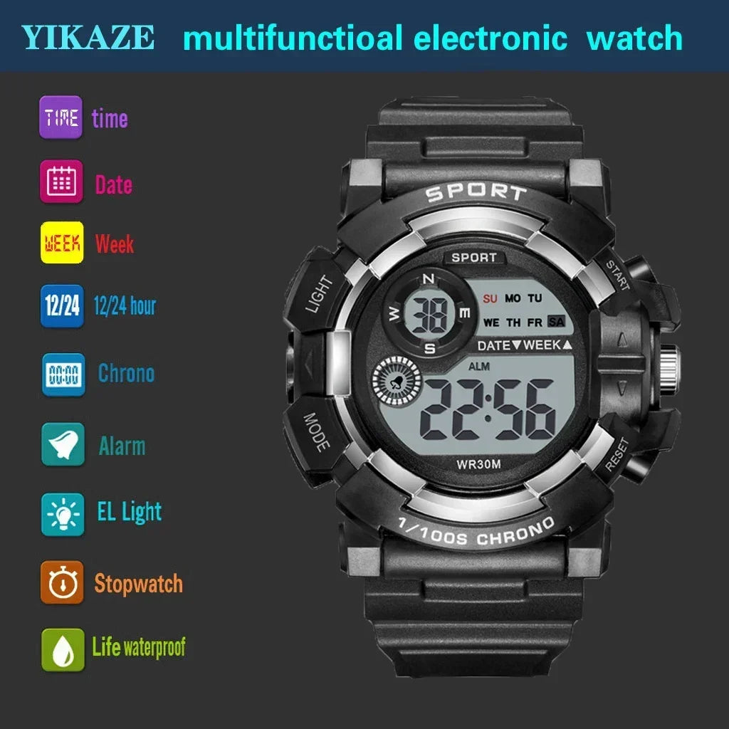 YIKAZE Mode Montres de sport Hommes Femmes Montre numérique Réveil lumineux étanche Montre-bracelet électronique pour enfants Enfants