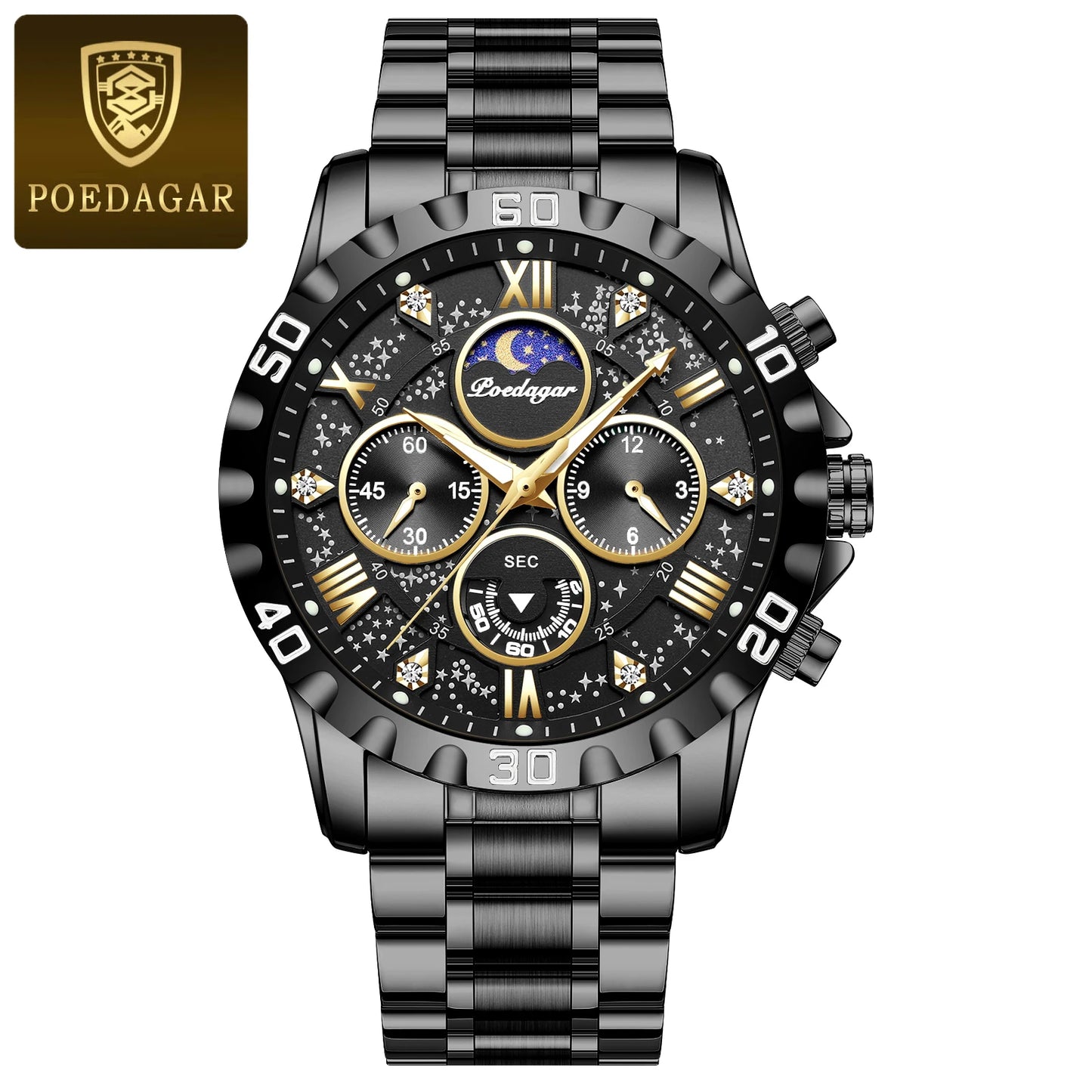 POEDAGAR Montre de luxe pour homme Quartz Sports étanche Lumineux en acier inoxydable Chronographe Hommes Montres Horloge Reloj Reloj