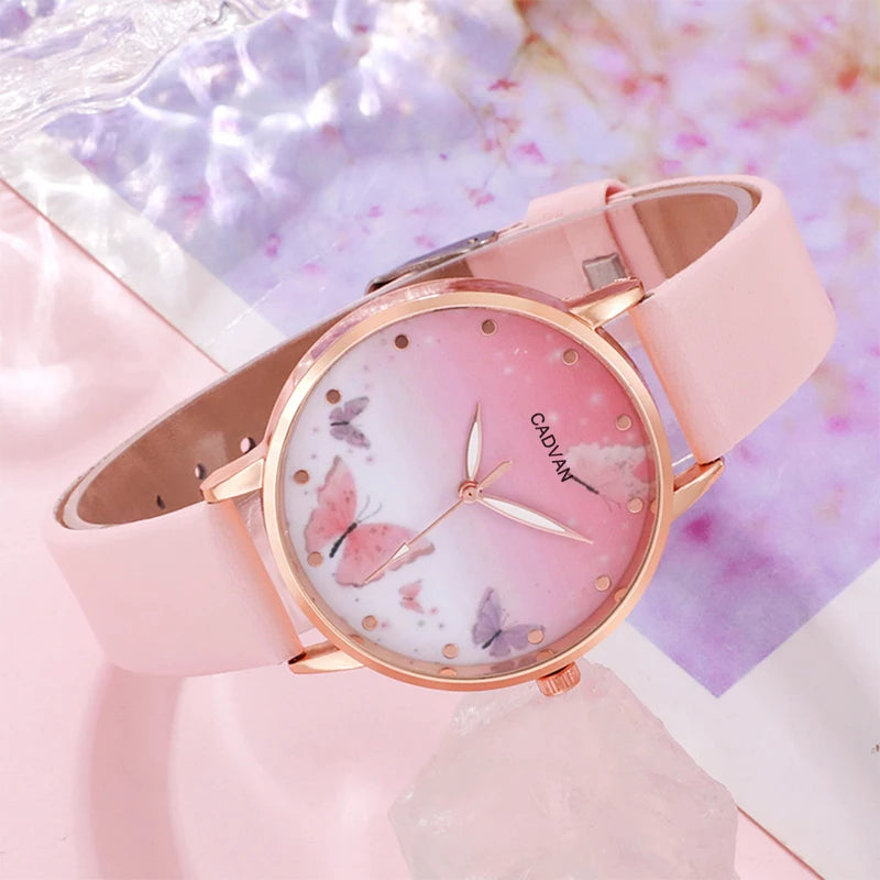 6PCS Set Femmes Mode Quartz Montre Femme Horloge Rose Papillon Cadran Luxe Marque Design Dames Cuir Montre-Bracelet Montre Femme