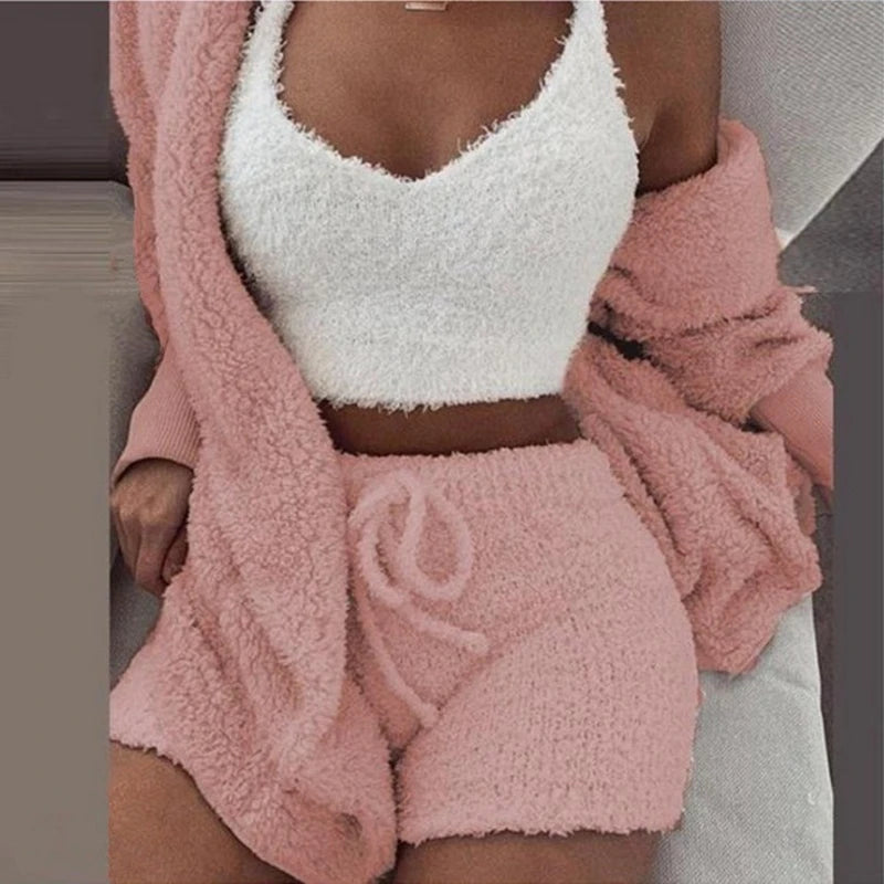 Ensemble de pyjamas moelleux pour femmes Vêtements de nuit décontractés Débardeur et shorts Grande taille Sweat à capuche Loisirs Homsuit Hiver 3 Pièces Pijamas