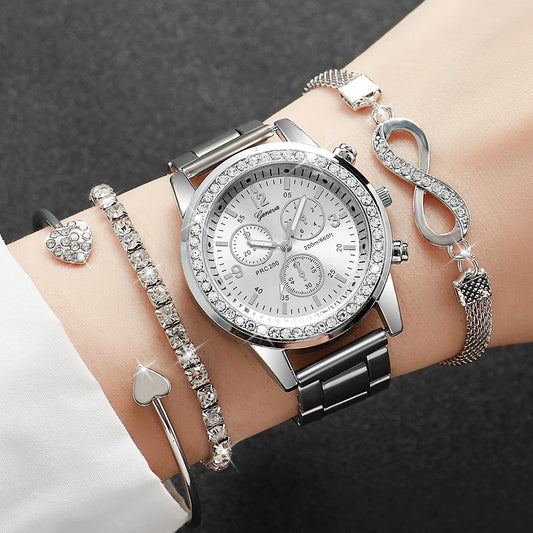 Montre à quartz en acier inoxydable de couleur argent pour femmes et ensemble de bijoux en perles d’argent