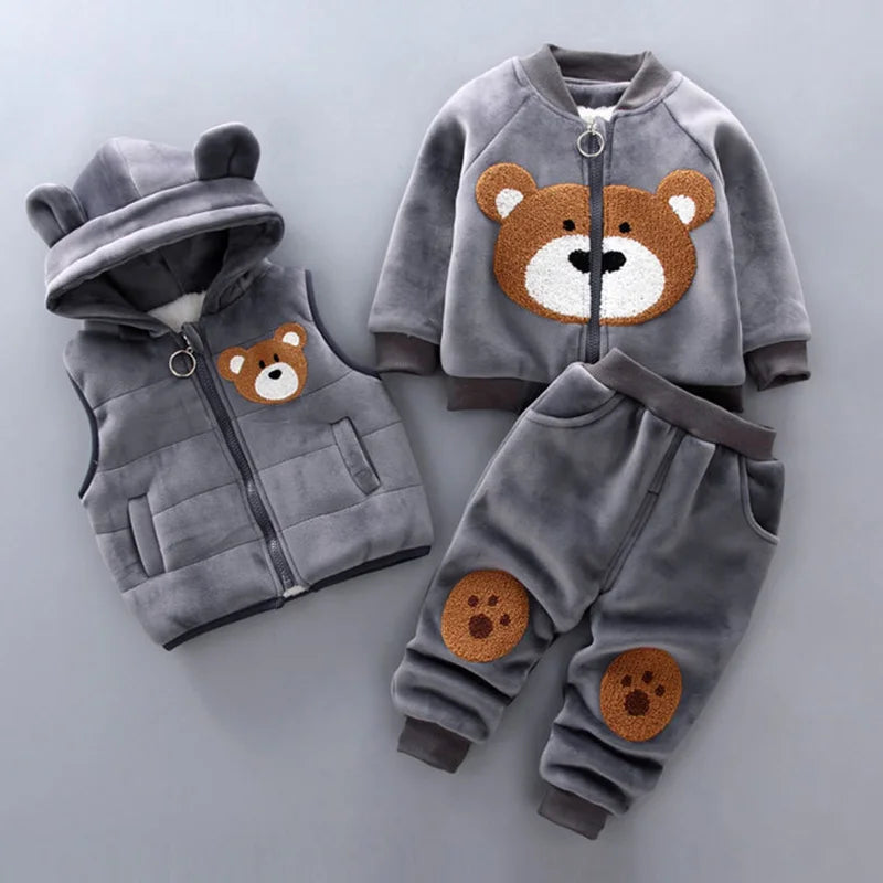 Automne Hiver Bébé Garçons Fille Vêtements Ensembles Épais Polaire Dessin Animé Ours Veste Gilet Pantalon 3Pcs Coton Sport Costume Tenues Chaudes