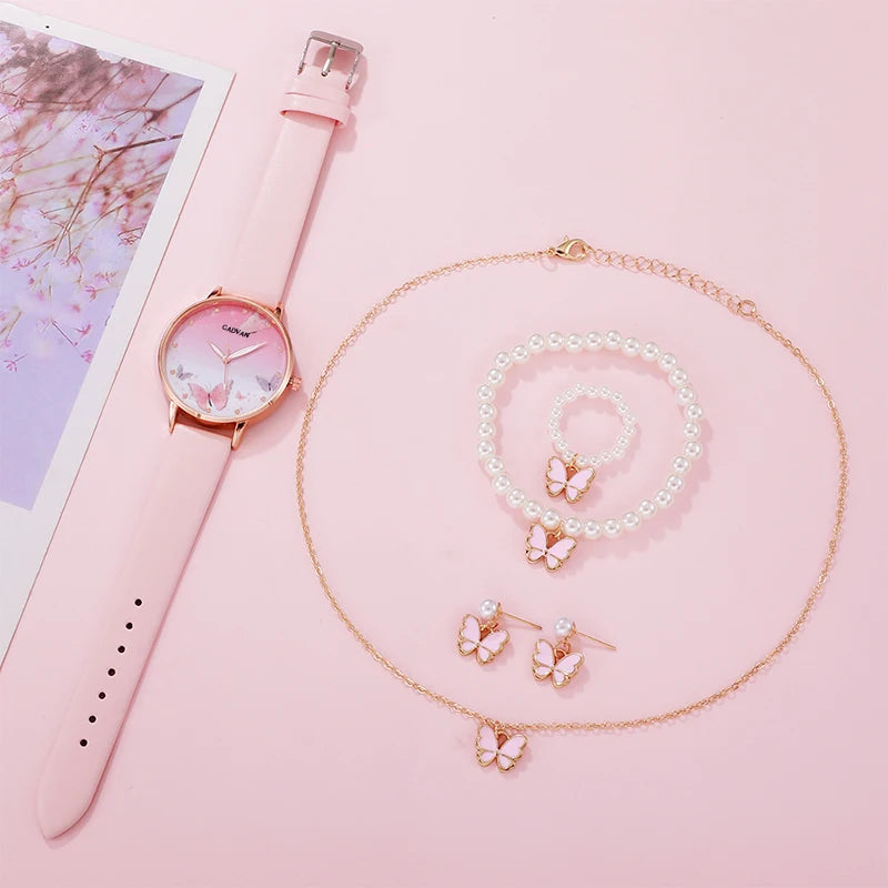 6PCS Set Femmes Mode Quartz Montre Femme Horloge Rose Papillon Cadran Luxe Marque Design Dames Cuir Montre-Bracelet Montre Femme