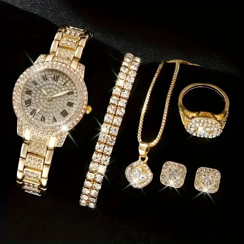 6pcs Ensemble de montres Ensemble de luxe Strass Femmes Mode Élégant Montre-bracelet Quartz Montre Pour Fille Dames Horloge Montre Femme