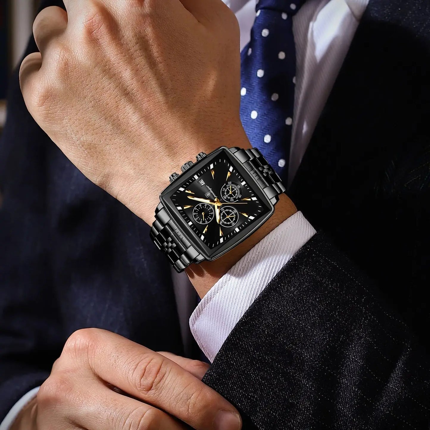 POEDAGAR Business Men Clock Waterproof Luminous Calendar Chronograph Square Man Watch Stainless Steel Quartz Men’s Watches Reloj