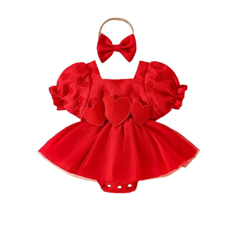 Saint-Valentin bébé cœur body mignon nouveau-né jupe en tulle bouffante manches courtes tout-petit une pièce vêtements d’été pour bébé