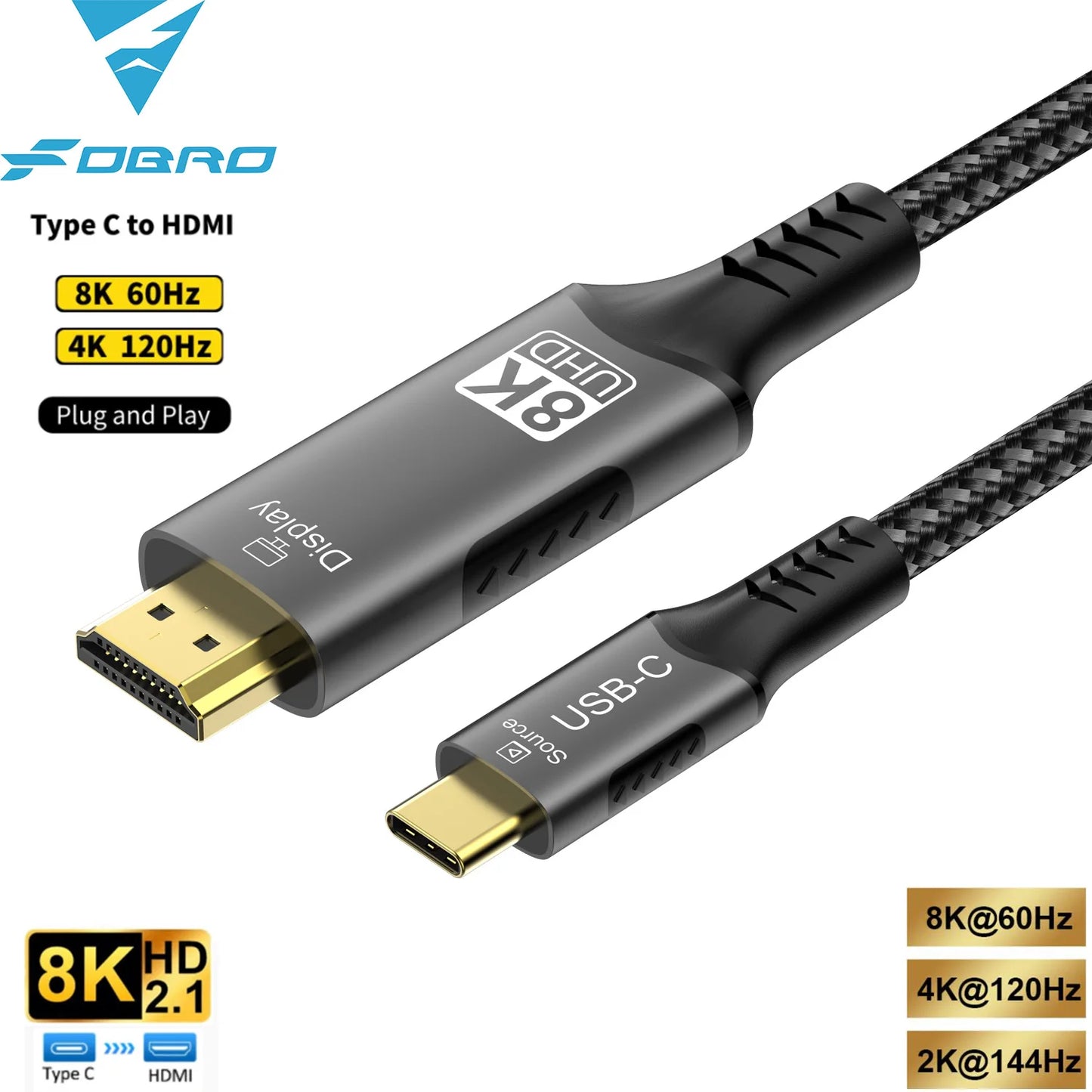 Câble USB C vers HDMI 8K@60Hz 4K@120Hz Câble HDTV de type C vers HDMI pour convertisseur de télévision MacBook Air iPad Adaptateur HDMI USB-C