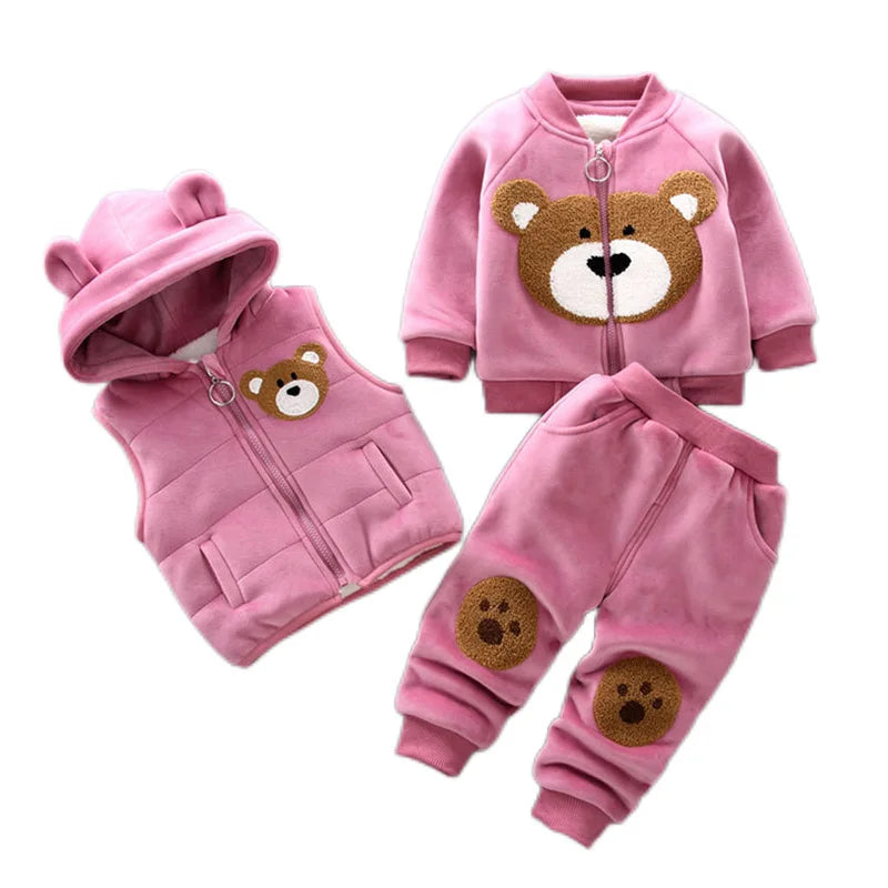 Automne Hiver Bébé Garçons Fille Vêtements Ensembles Épais Polaire Dessin Animé Ours Veste Gilet Pantalon 3Pcs Coton Sport Costume Tenues Chaudes