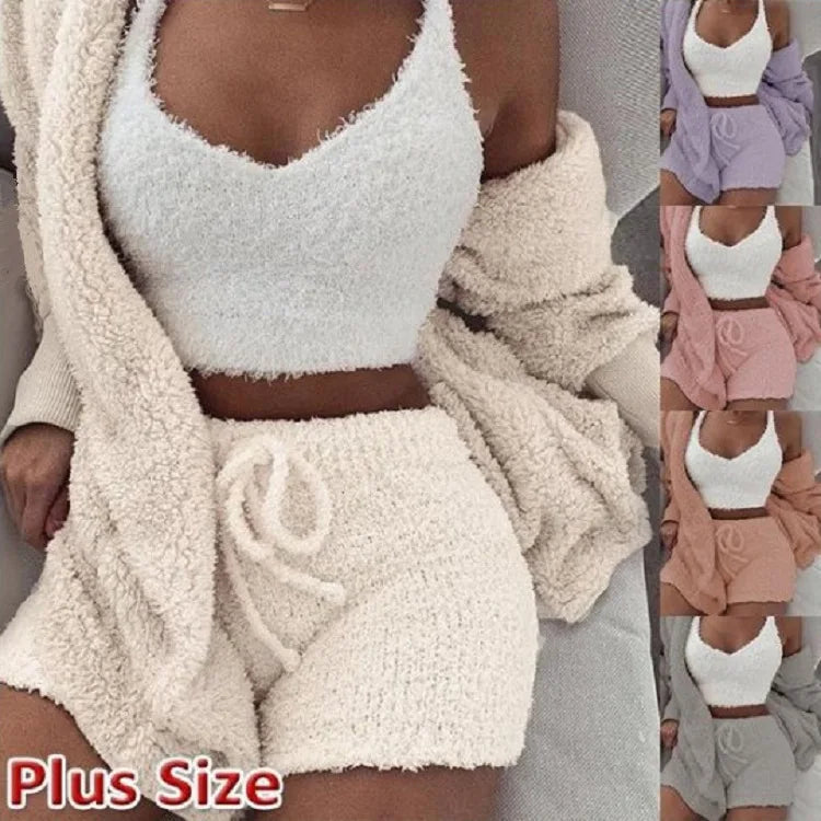Ensemble de pyjamas moelleux pour femmes Vêtements de nuit décontractés Débardeur et shorts Grande taille Sweat à capuche Loisirs Homsuit Hiver 3 Pièces Pijamas