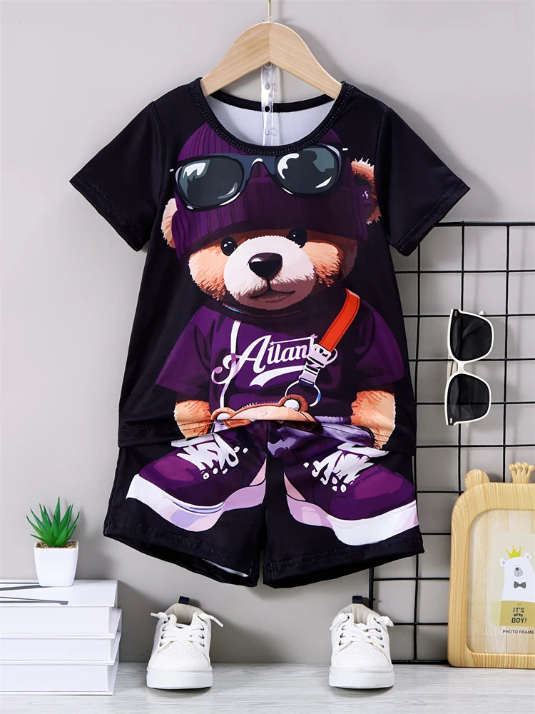 Été Quotidien Casual Hommes à manches courtes Sports de plein air Pantalon de plage pour hommes Mode Bear Print T-shirt et short pour hommes 2pcs Set