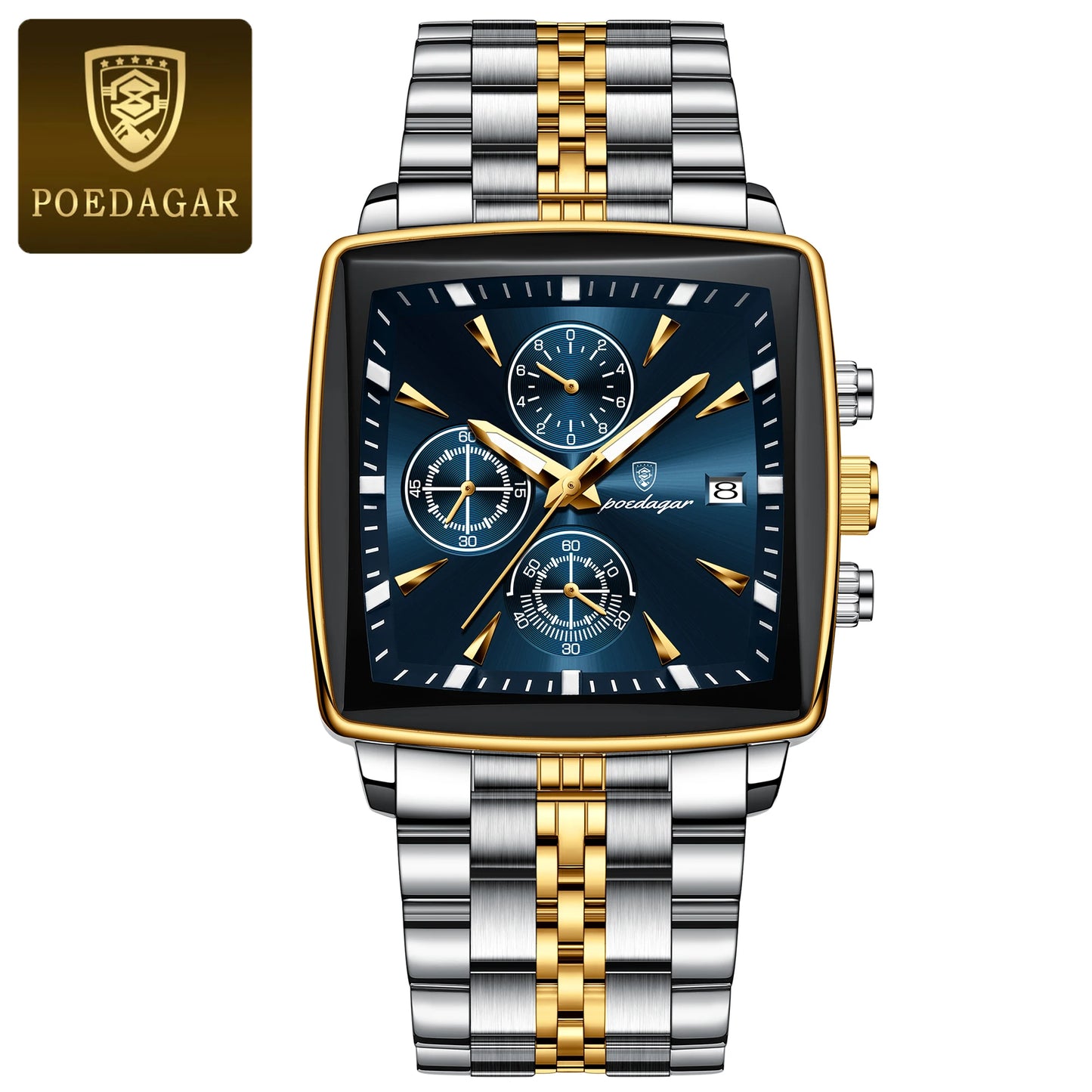 POEDAGAR Business Men Clock Waterproof Luminous Calendar Chronograph Square Man Watch Stainless Steel Quartz Men’s Watches Reloj